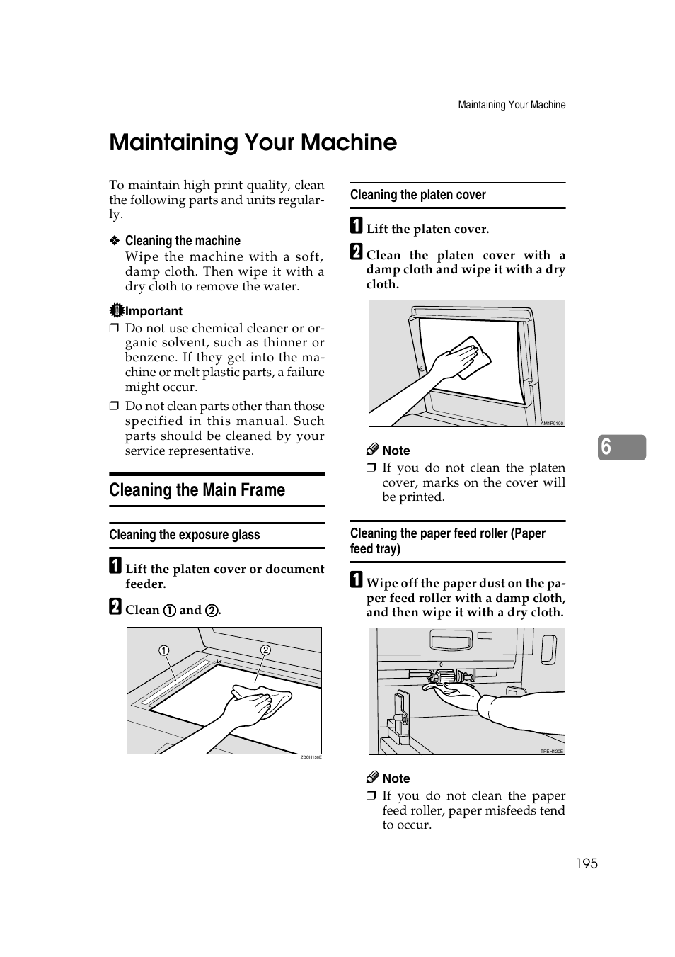 Maintaining your machine, Cleaning the main frame, P.195 “cleaning the platen cover | P.195 “cleaning the exposure, Glass, 6maintaining your machine | Ricoh JP8000 User Manual | Page 215 / 464