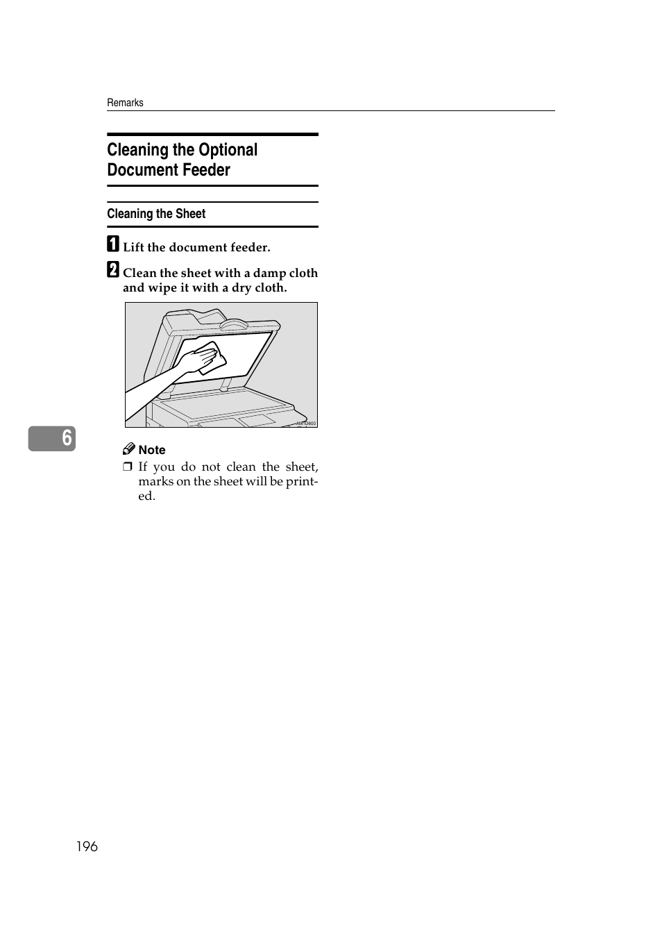 Cleaning the optional document feeder, P.196, Cleaning the sheet | Ricoh JP8000 User Manual | Page 216 / 464