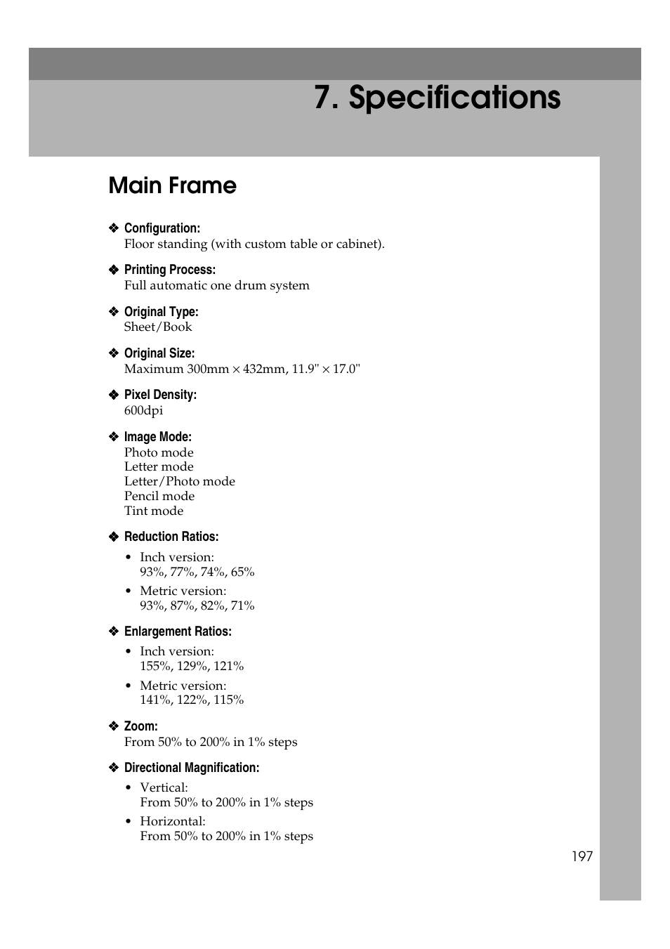 Specifications, Main frame | Ricoh JP8000 User Manual | Page 217 / 464