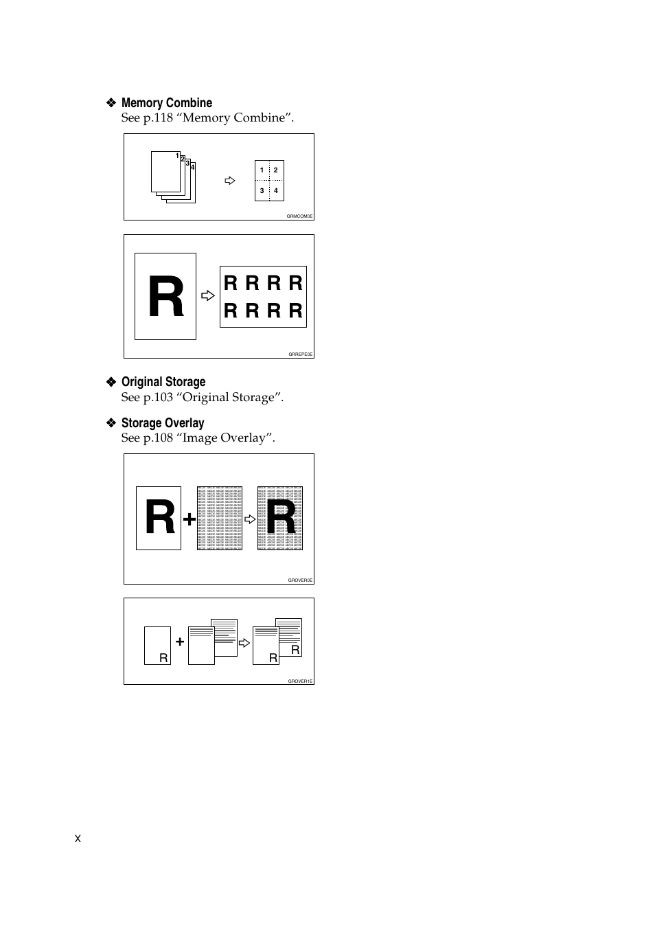 Original storage, Storage overlay, See p.103 “original storage | See p.108 “image overlay | Ricoh JP8000 User Manual | Page 242 / 464