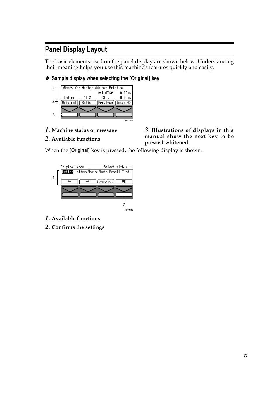 Panel display layout, Storing originals | Ricoh JP8000 User Manual | Page 257 / 464