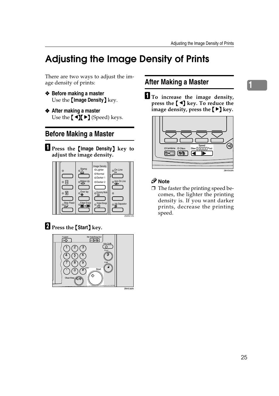 Adjusting the image density of prints, Before making a master, After making a master | 1adjusting the image density of prints | Ricoh JP8000 User Manual | Page 273 / 464