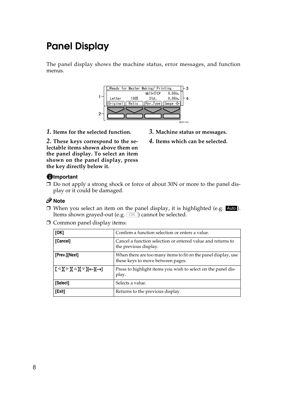Panel display, P.8 “panel display | Ricoh JP8000 User Manual | Page 28 / 464