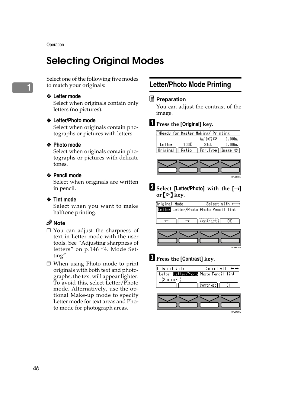 Selecting original modes, Letter/photo mode printing, User tools menu | 1selecting original modes | Ricoh JP8000 User Manual | Page 294 / 464