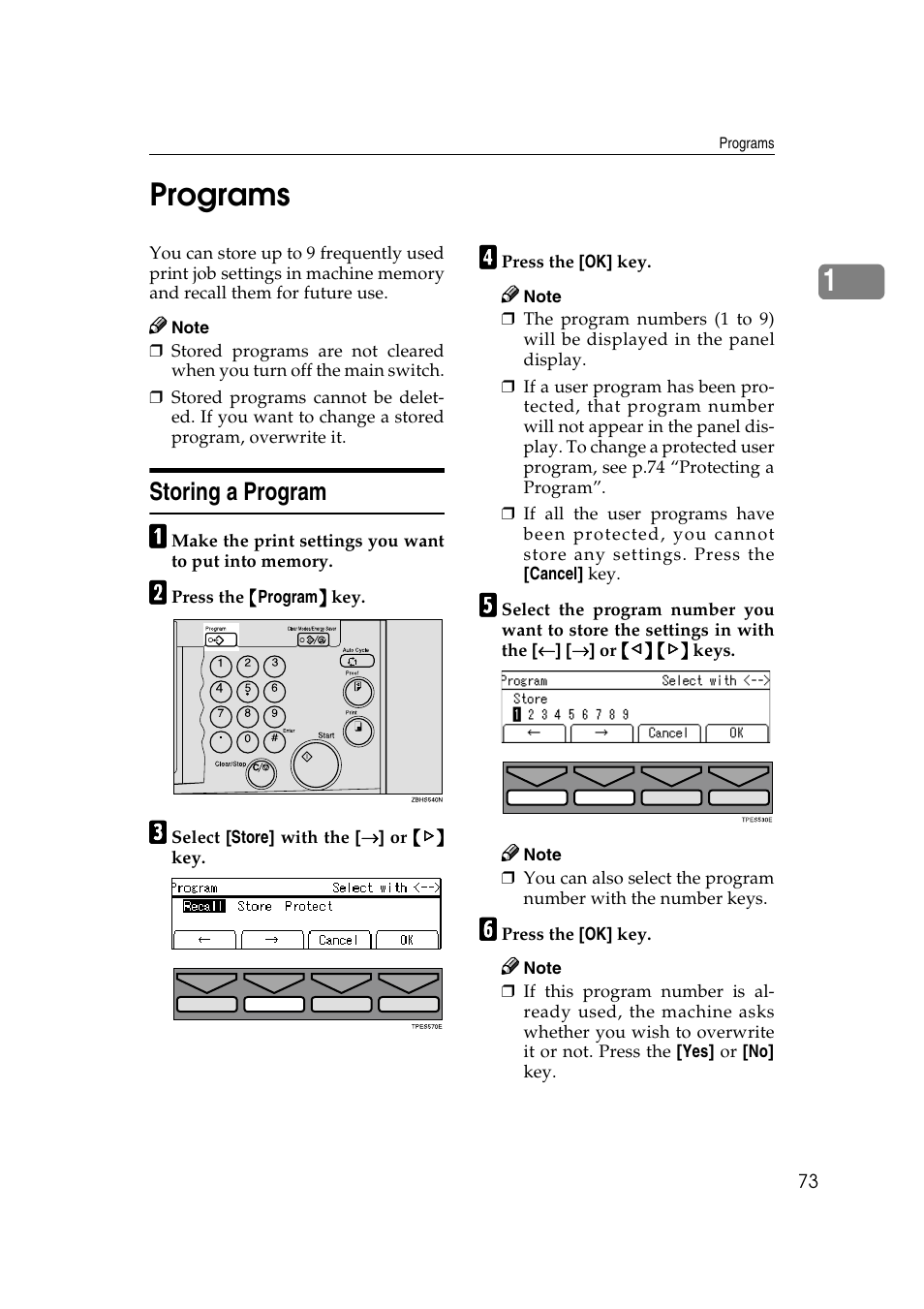 Programs, Storing a program, Ccess the special features, lift up the cov | 1programs | Ricoh JP8000 User Manual | Page 321 / 464