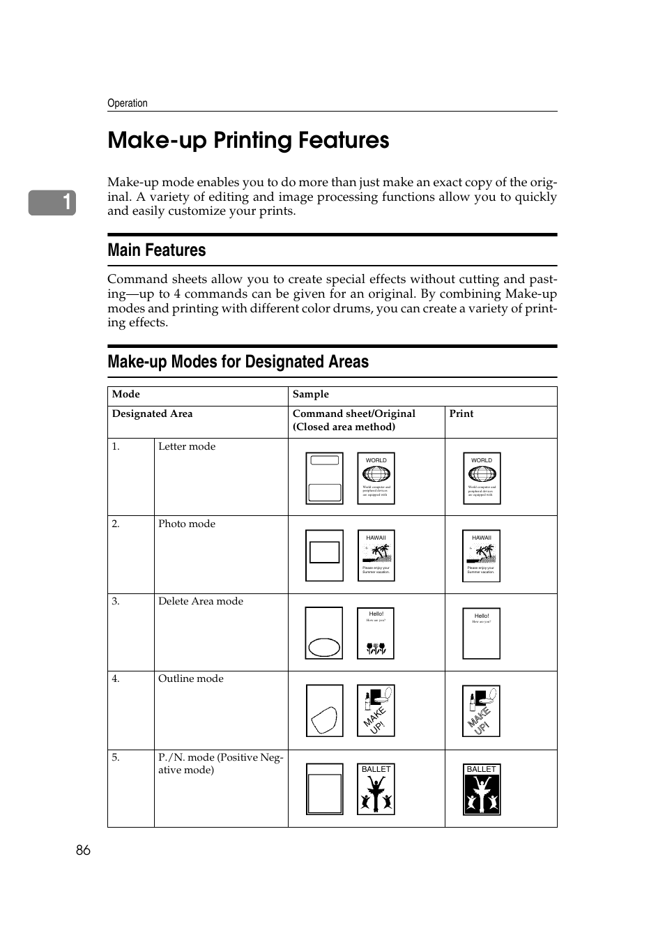Make-up printing features, Main features, Make-up modes for designated areas | X + b” paper or master wrapped around the drum, 1make-up printing features | Ricoh JP8000 User Manual | Page 334 / 464