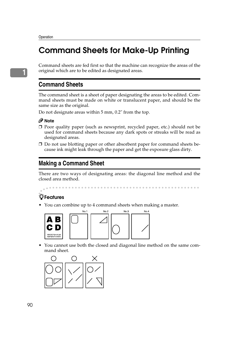Command sheets for make-up printing, Command sheets, Making a command sheet | E” master misfeeds in the master eject section, 1command sheets for make-up printing | Ricoh JP8000 User Manual | Page 338 / 464