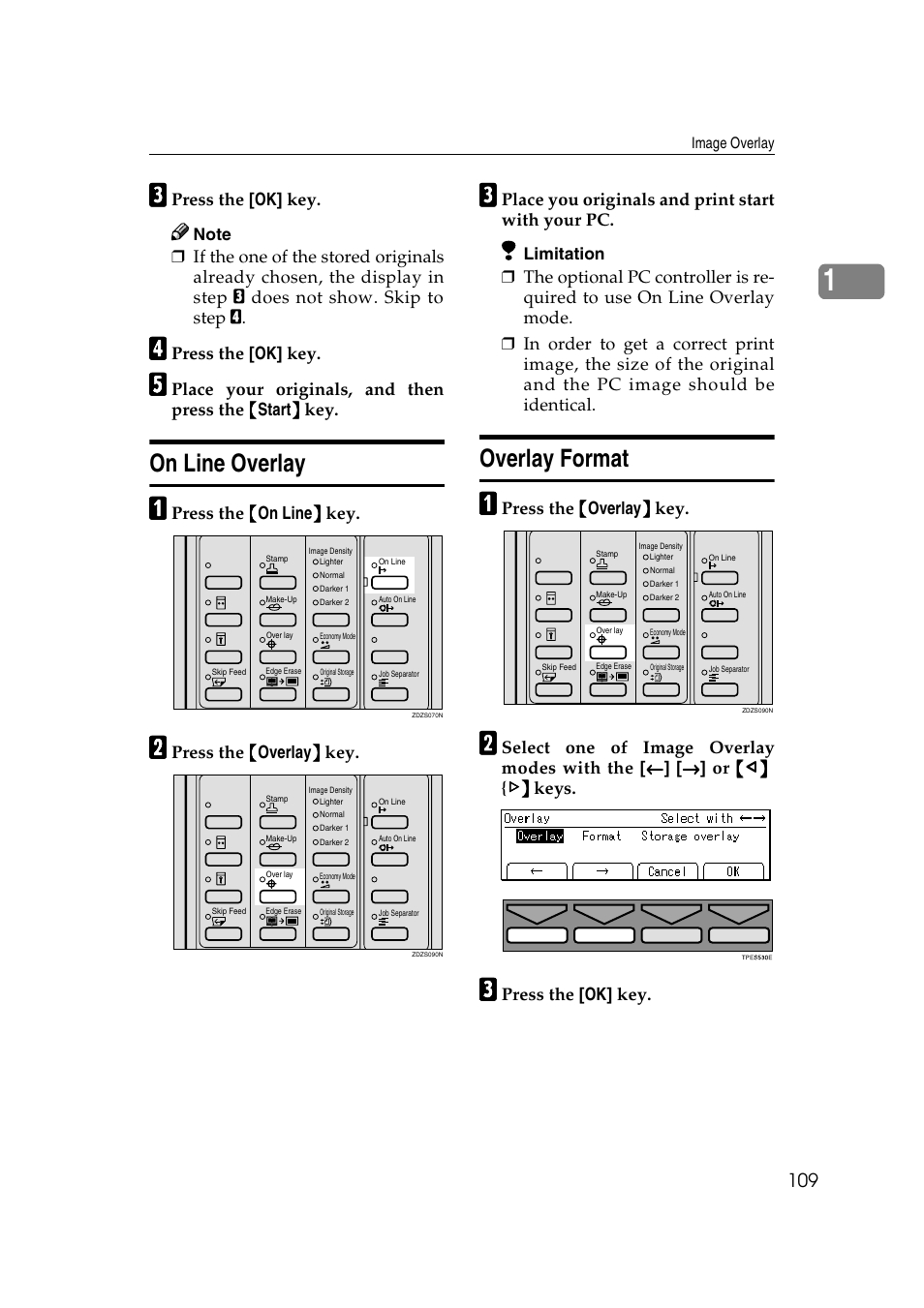 On line overlay overlay format, On line overlay, Overlay format | Press the [ok] key, Press the {{{{ on line }}}} key, Press the {{{{ overlay }}}} key, Place you originals and print start with your pc | Ricoh JP8000 User Manual | Page 357 / 464