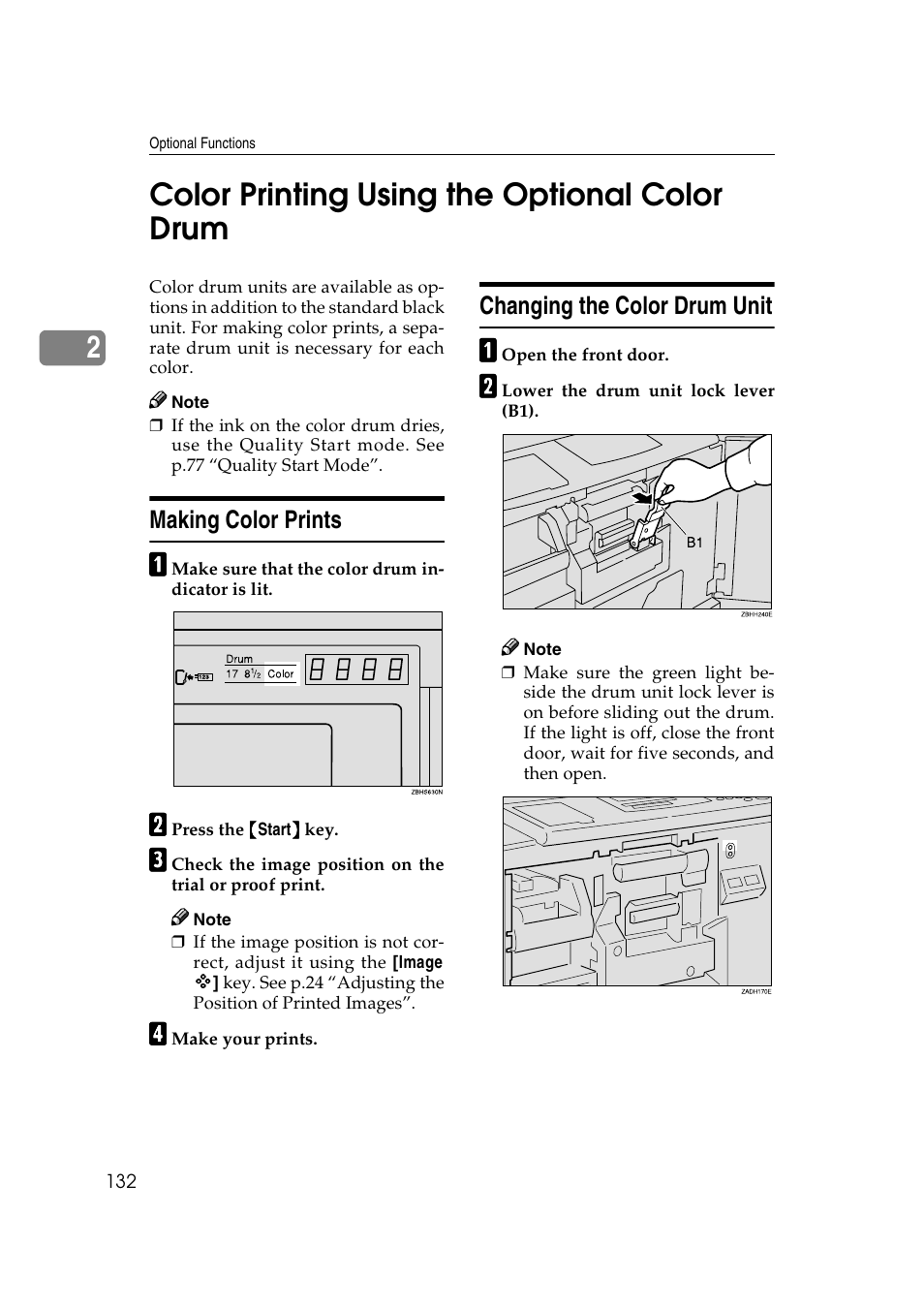 Color printing using the optional color drum, Making color prints, Changing the color drum unit | Document feeder (option), 2color printing using the optional color drum | Ricoh JP8000 User Manual | Page 380 / 464
