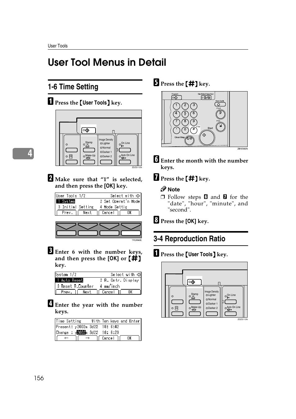 User tool menus in detail, 6 time setting, 4 reproduction ratio | 4user tool menus in detail | Ricoh JP8000 User Manual | Page 404 / 464