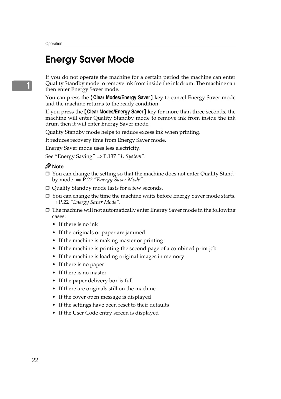Energy saver mode, P.22 “energy saver mode, 1energy saver mode | Ricoh JP8000 User Manual | Page 42 / 464