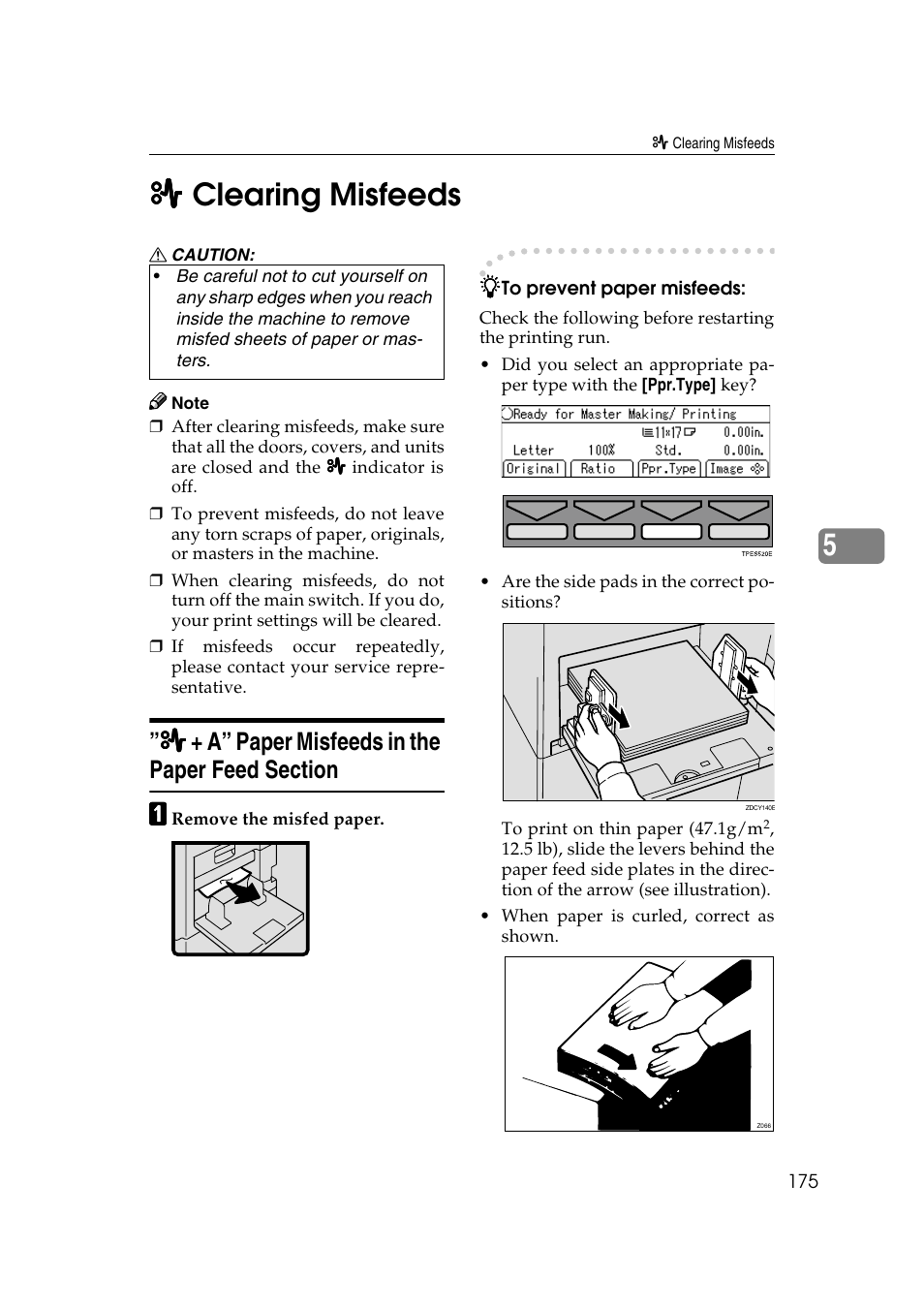 Clearing misfeeds, A” paper misfeeds in the paper feed section | Ricoh JP8000 User Manual | Page 423 / 464