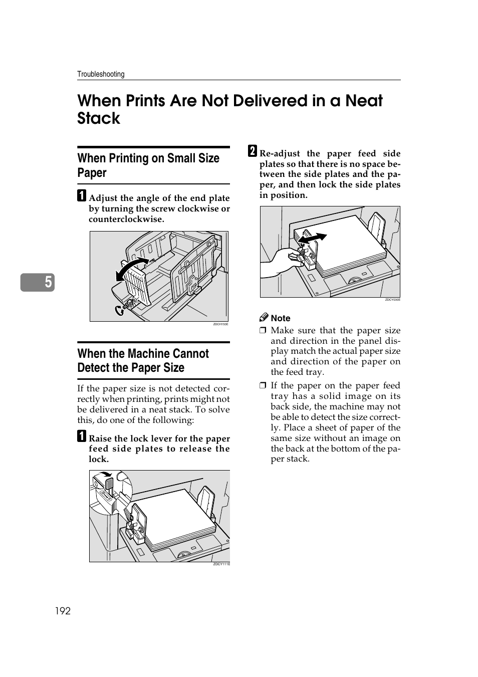 When prints are not delivered in a neat stack, When printing on small size paper, When the machine cannot detect the paper size | 5when prints are not delivered in a neat stack | Ricoh JP8000 User Manual | Page 440 / 464
