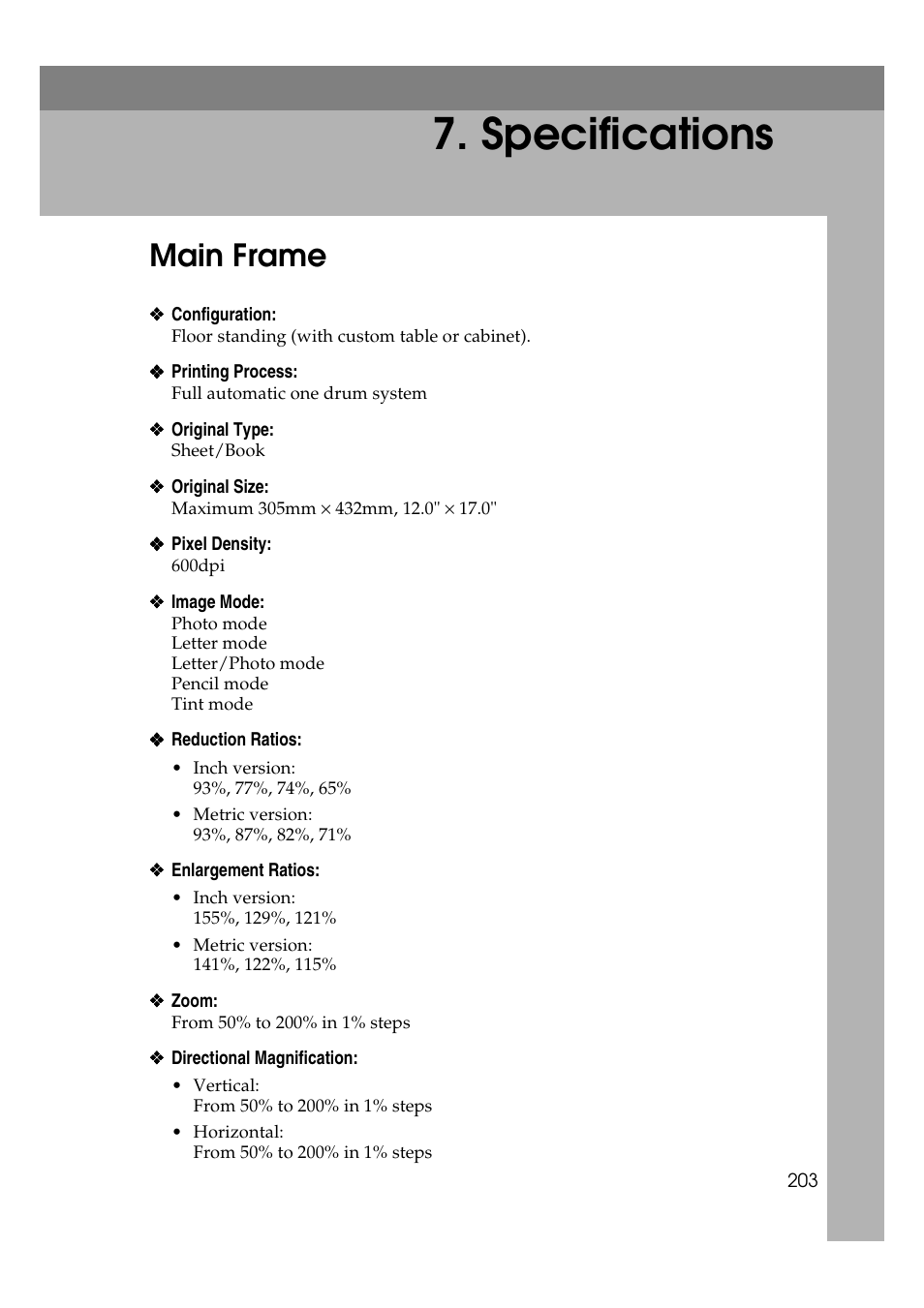 Specifications, Main frame, Front door | Paper feed side plates, If this occurs, print the image with | Ricoh JP8000 User Manual | Page 451 / 464