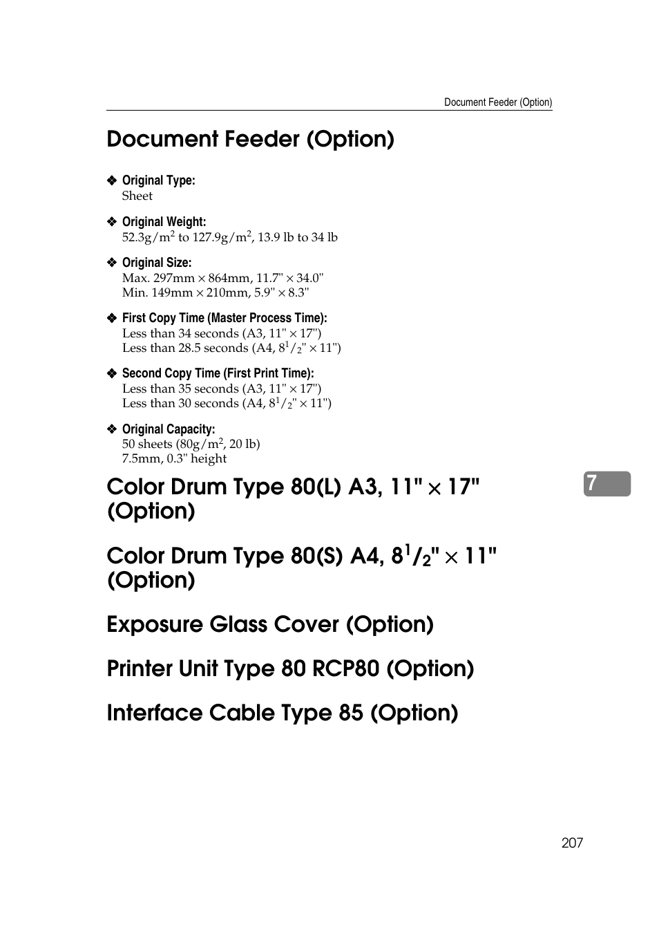 Document feeder (option), Color drum type 80(l), Color drum type 80(s) | Exposure glass cover (option), Printer unit type 80 rcp80 (option), Interface cable type 85 (option), 7document feeder (option) | Ricoh JP8000 User Manual | Page 455 / 464