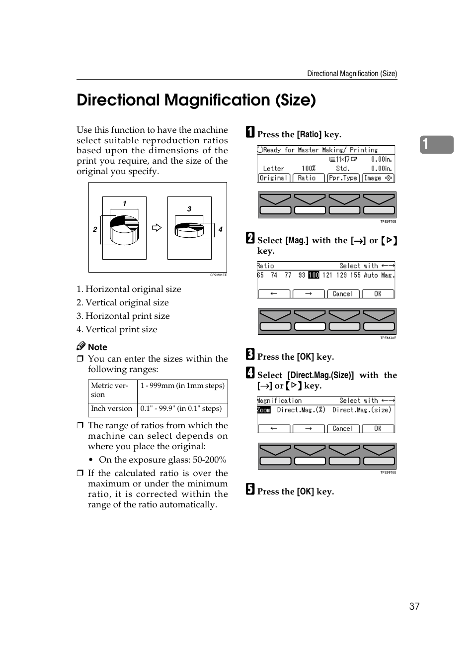 Directional magnification (size), P.37 “directional magnification (size), 1directional magnification (size) | Ricoh JP8000 User Manual | Page 57 / 464