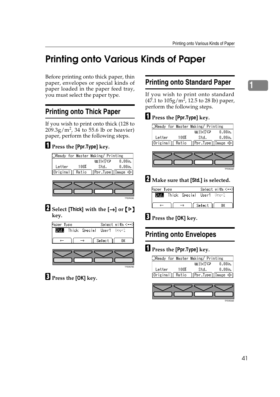 Printing onto various kinds of paper, Printing onto thick paper, Printing onto standard paper | Printing onto envelopes, P.41 “printing onto various kinds of paper, 1printing onto various kinds of paper | Ricoh JP8000 User Manual | Page 61 / 464