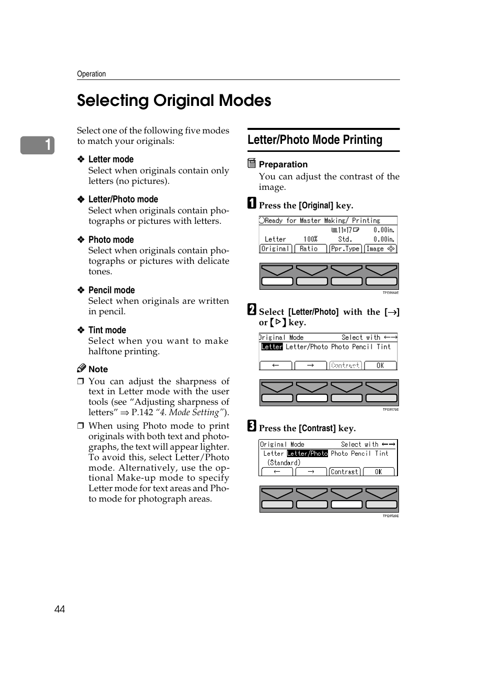 Selecting original modes, Letter/photo mode printing, P.44 “selecting original modes | 1selecting original modes | Ricoh JP8000 User Manual | Page 64 / 464