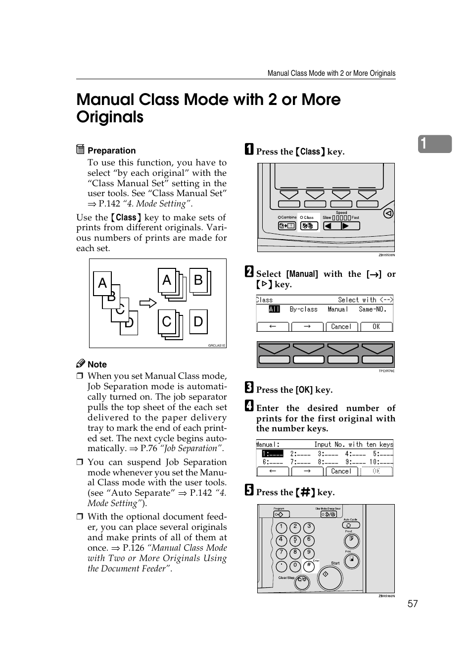 Manual class mode with 2 or more originals, P.57 “manual class mode with 2 or more originals, P.57 “manual class mode with 2 or | More originals, 1manual class mode with 2 or more originals, Dc b, Ab c d | Ricoh JP8000 User Manual | Page 77 / 464
