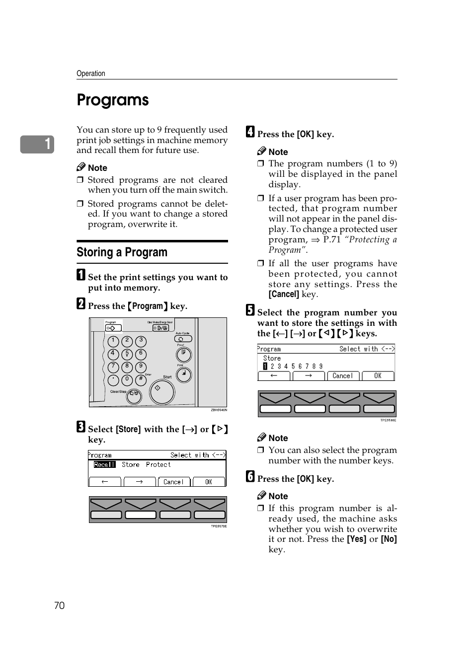 Programs, Storing a program, P.70 “programs | P.70, 1programs | Ricoh JP8000 User Manual | Page 90 / 464