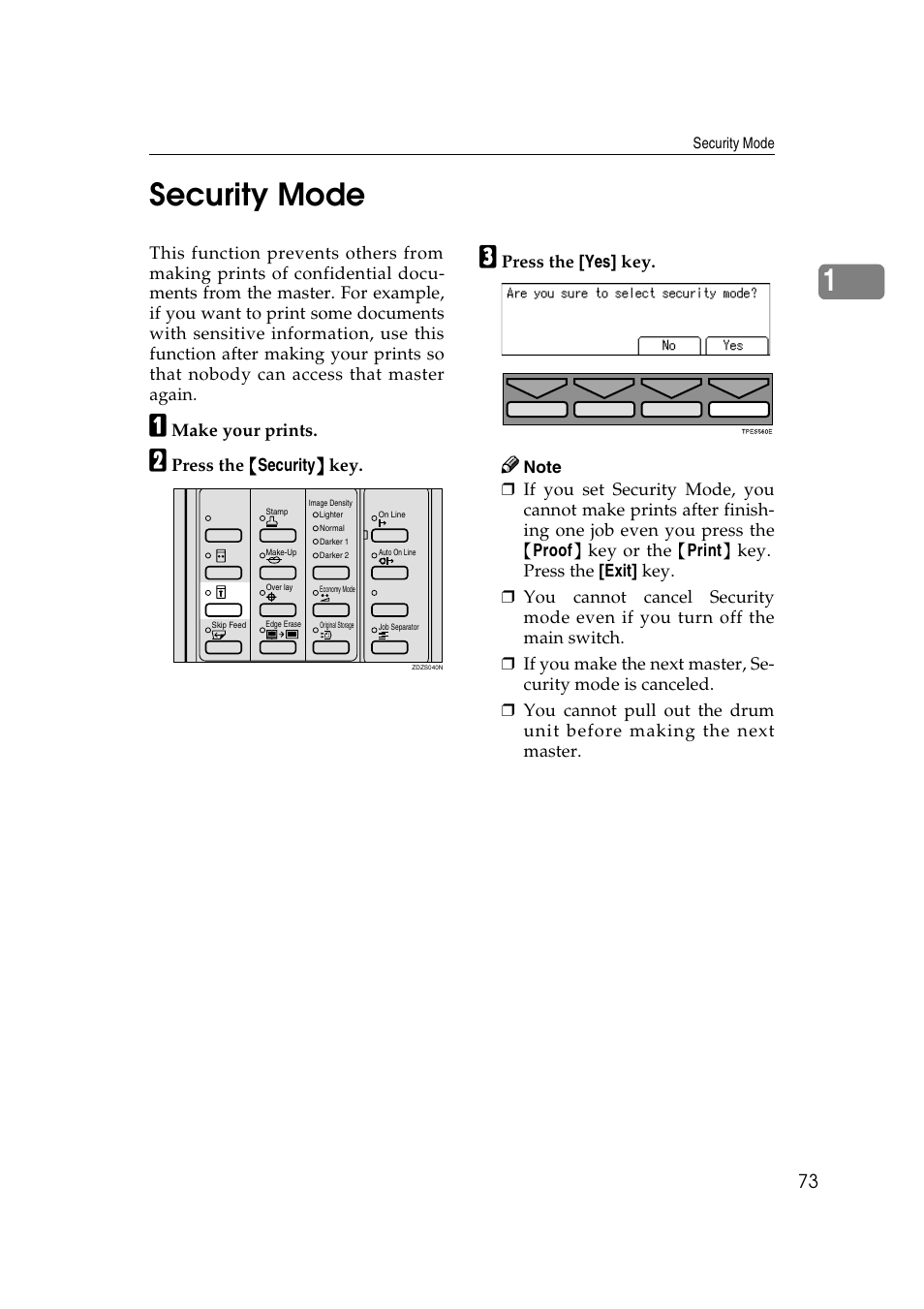 Security mode, P.73 “security mode, 1security mode | Ricoh JP8000 User Manual | Page 93 / 464
