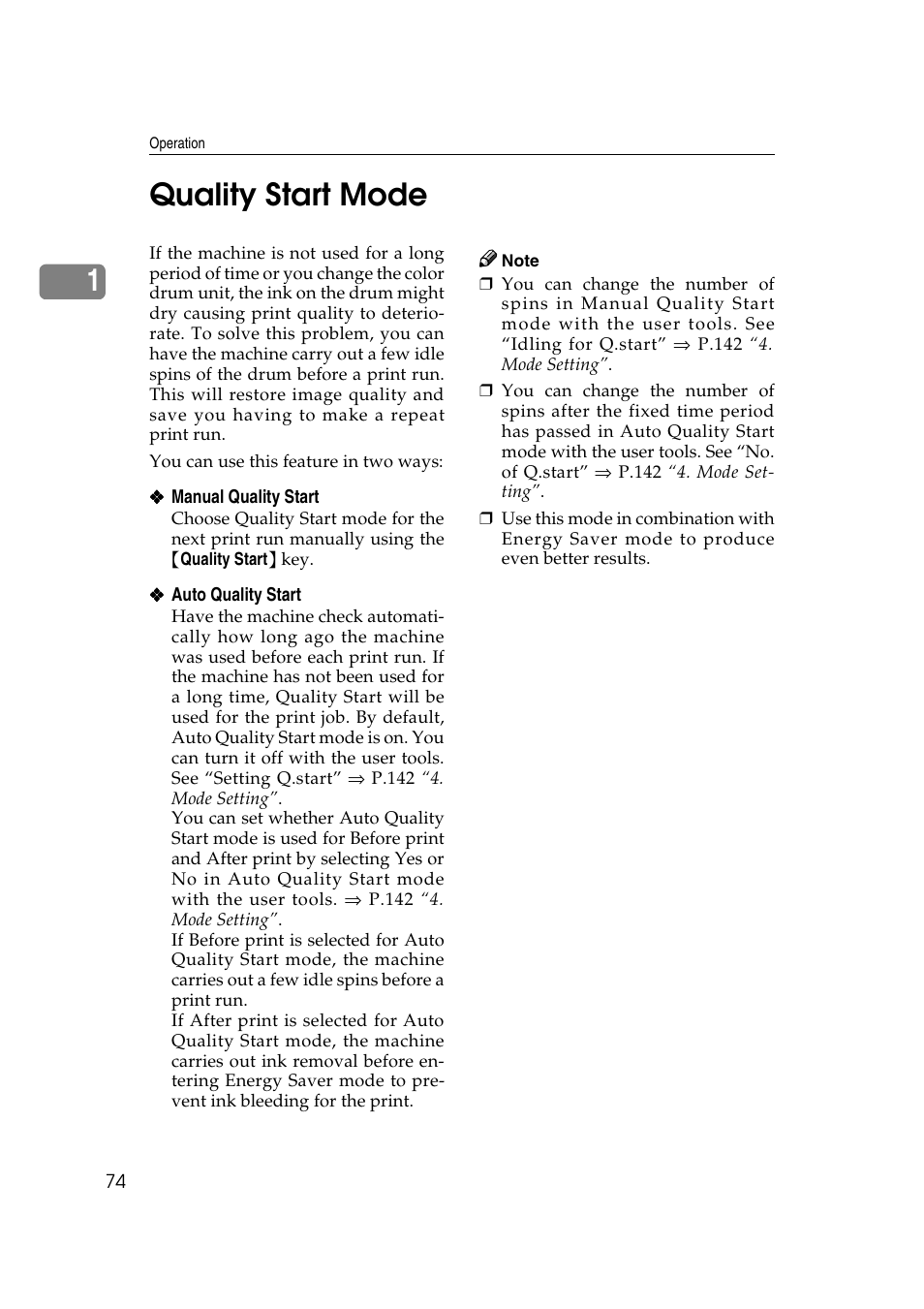 Quality start mode, P.74 “quality start mode, 1quality start mode | Ricoh JP8000 User Manual | Page 94 / 464