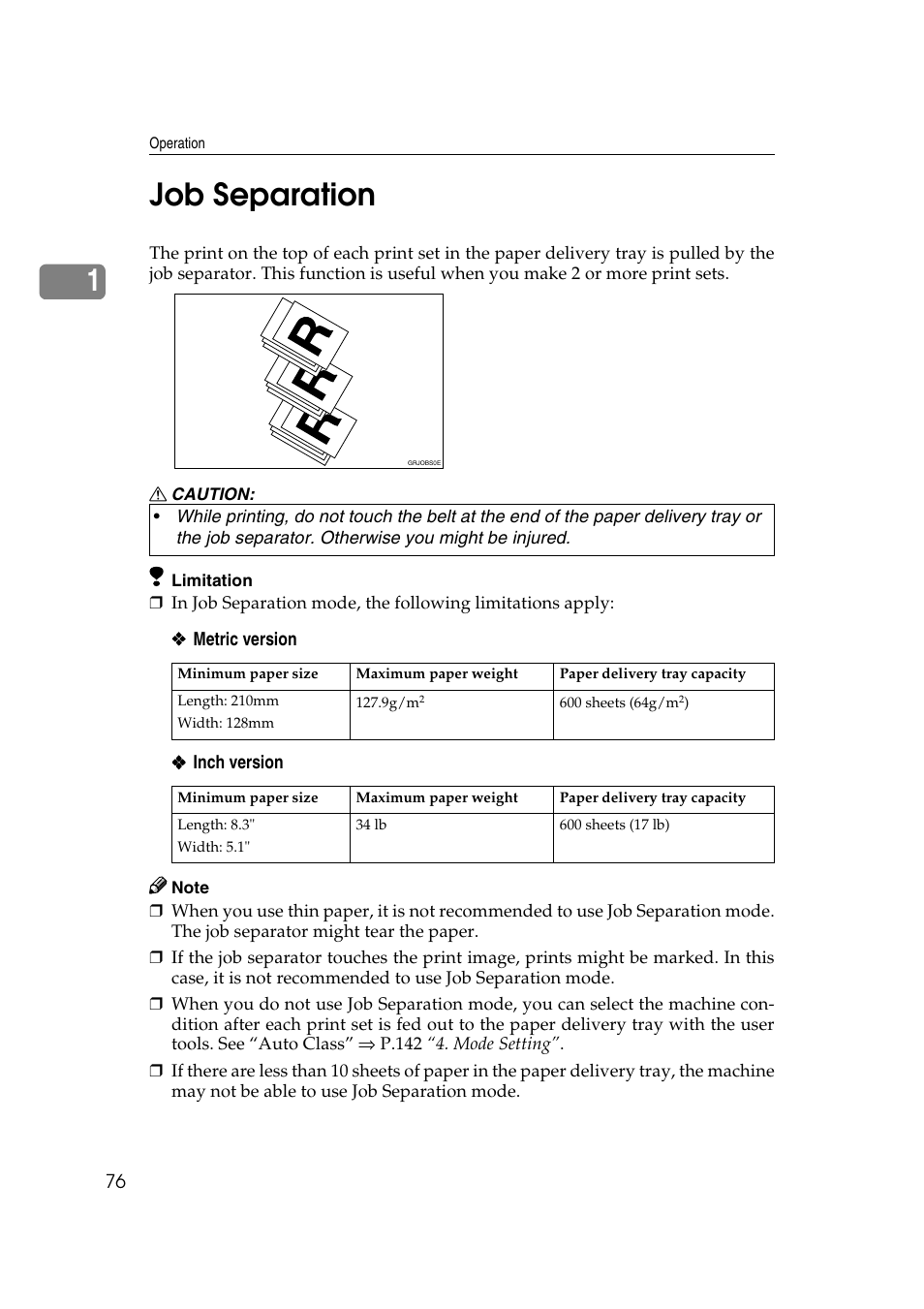 Job separation, P.76 “job separation, 1job separation | Ricoh JP8000 User Manual | Page 96 / 464