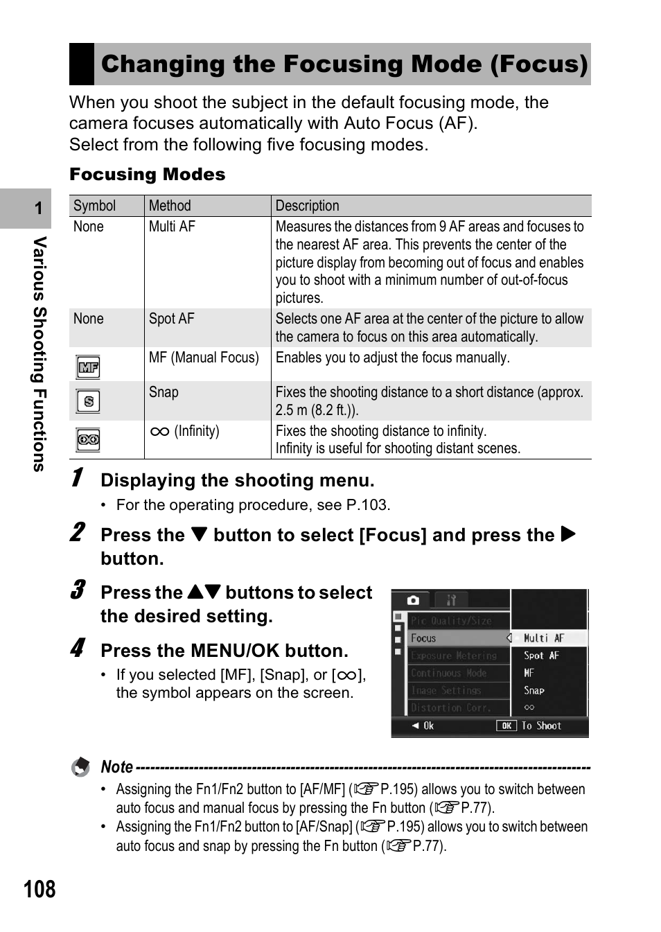 Changing the focusing mode (focus) | Ricoh GX200 User Manual | Page 110 / 266