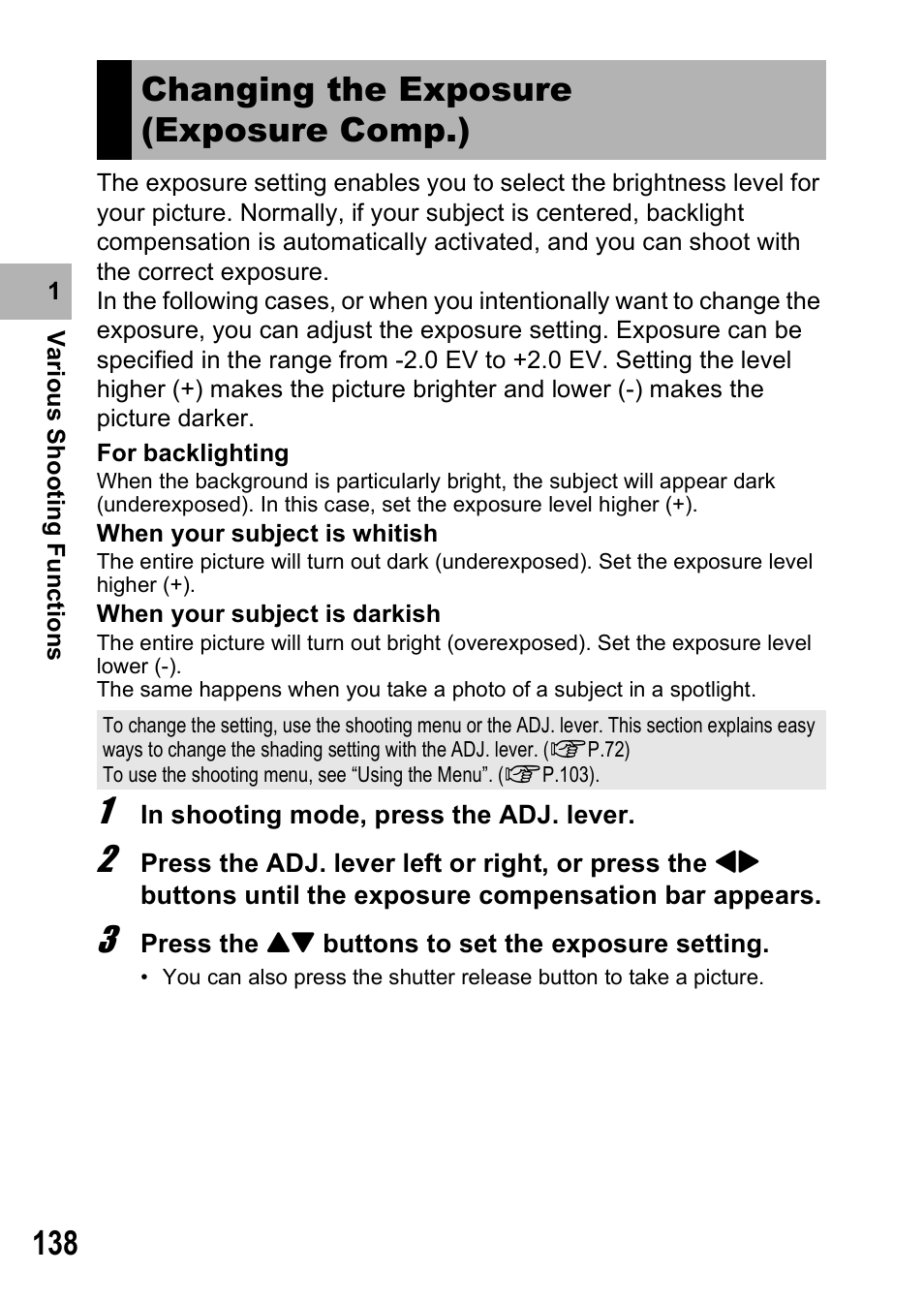 Changing the exposure (exposure comp.) | Ricoh GX200 User Manual | Page 140 / 266