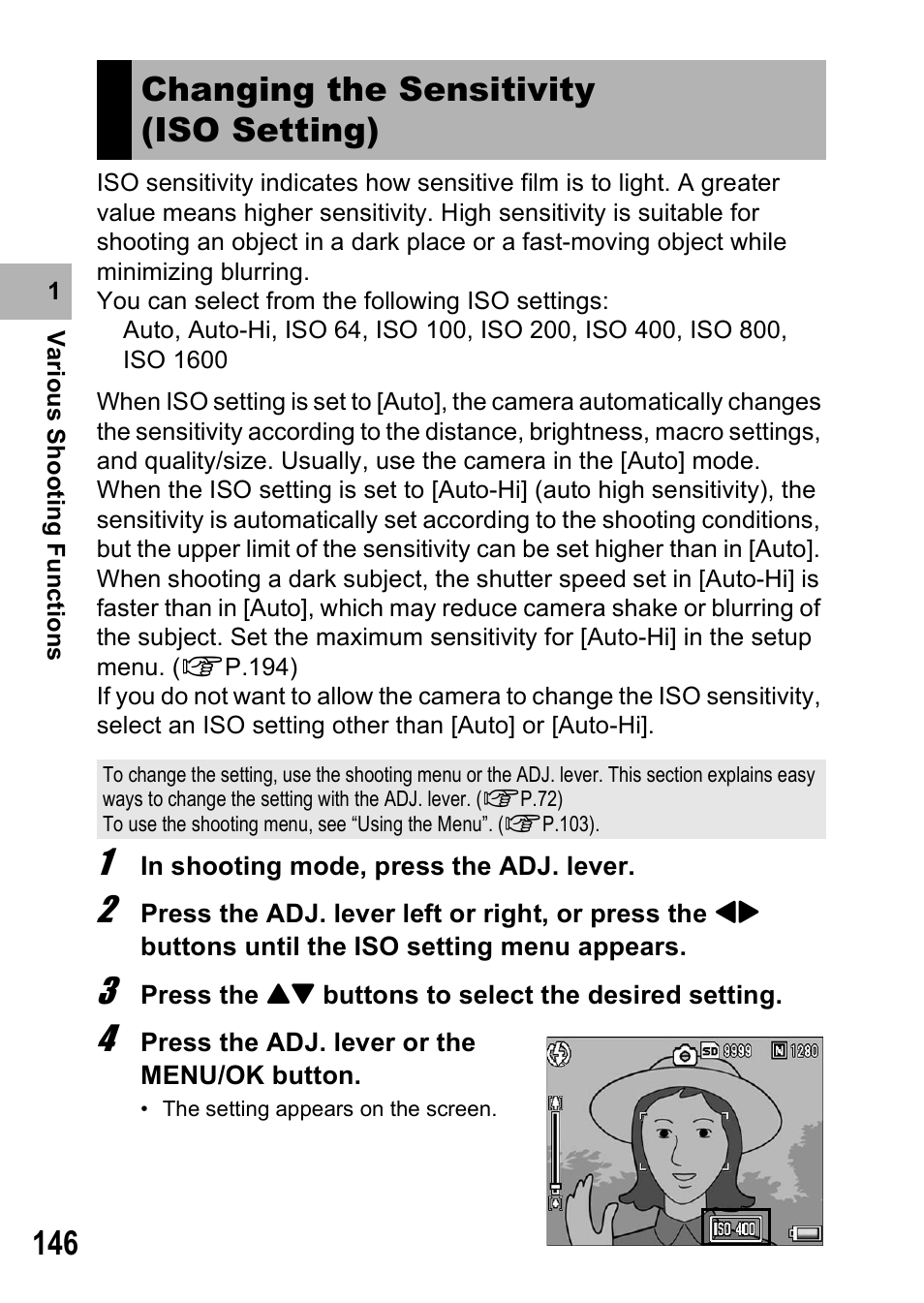 Changing the sensitivity (iso setting) | Ricoh GX200 User Manual | Page 148 / 266