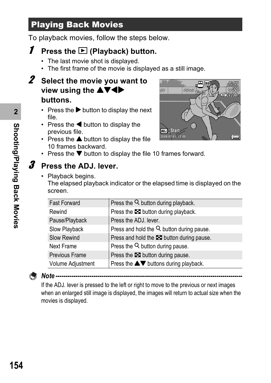 Playing back movies, Press the 6 (playback) button, Press the adj. lever | Ricoh GX200 User Manual | Page 156 / 266