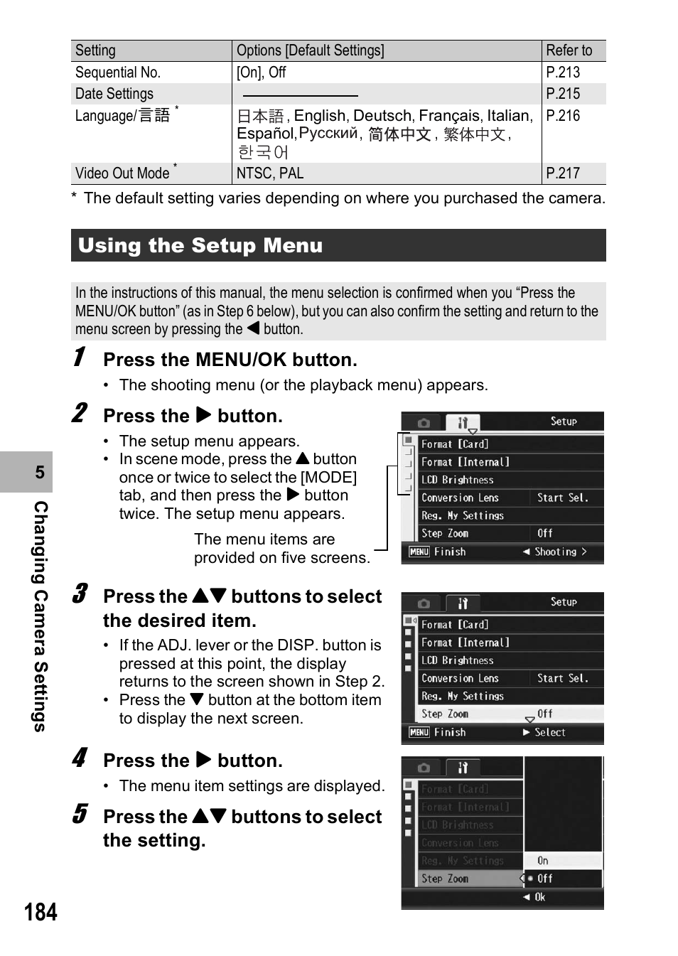 Using the setup menu | Ricoh GX200 User Manual | Page 186 / 266