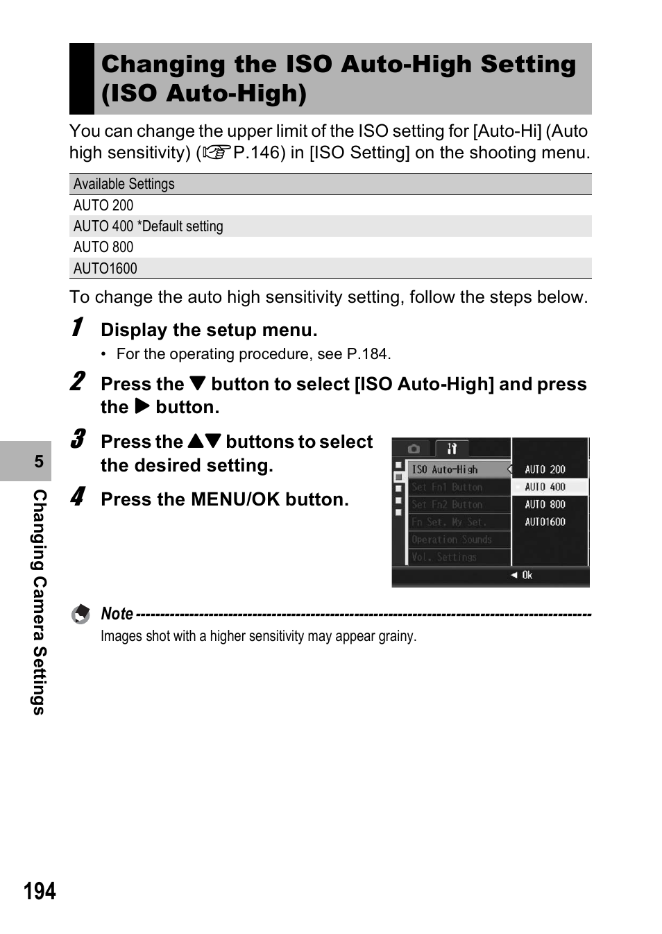 Changing the iso auto-high setting (iso auto-high) | Ricoh GX200 User Manual | Page 196 / 266