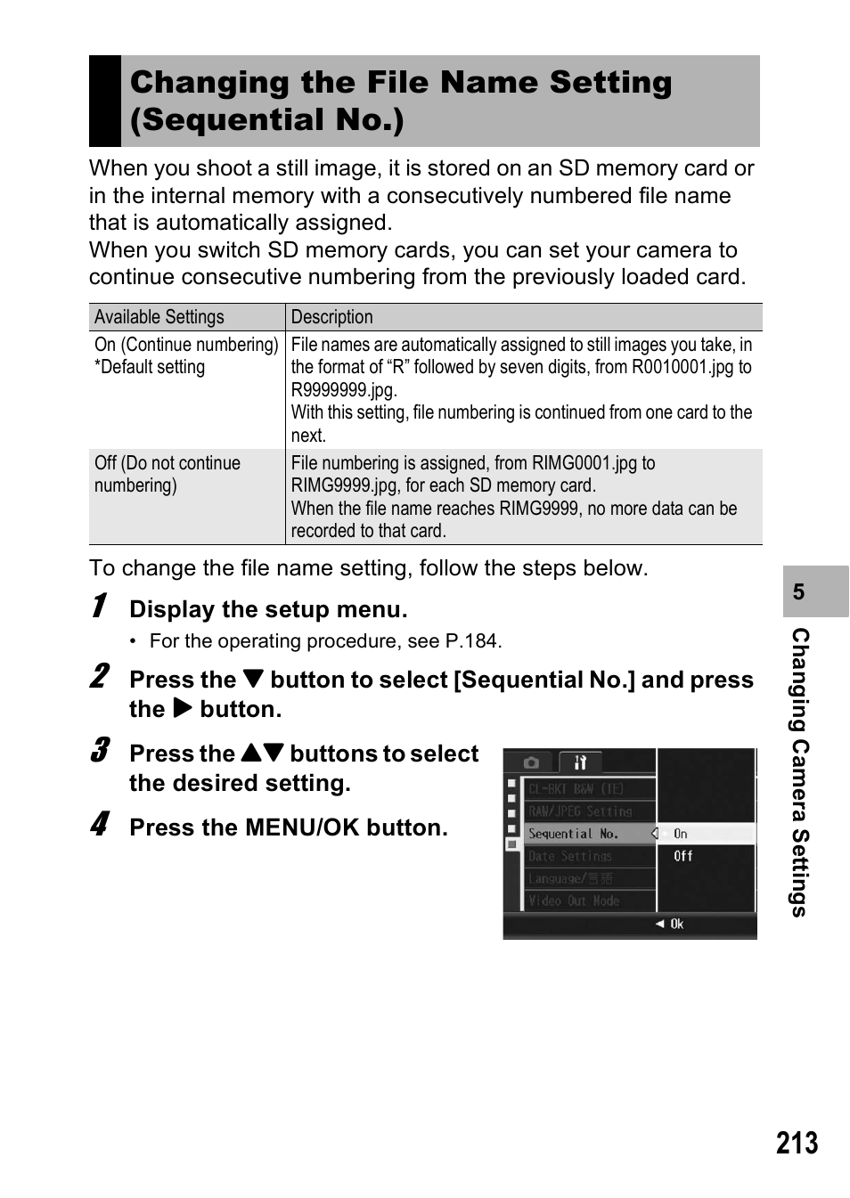 Changing the file name setting (sequential no.) | Ricoh GX200 User Manual | Page 215 / 266