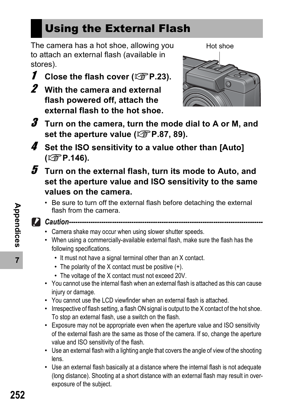 Using the external flash | Ricoh GX200 User Manual | Page 254 / 266