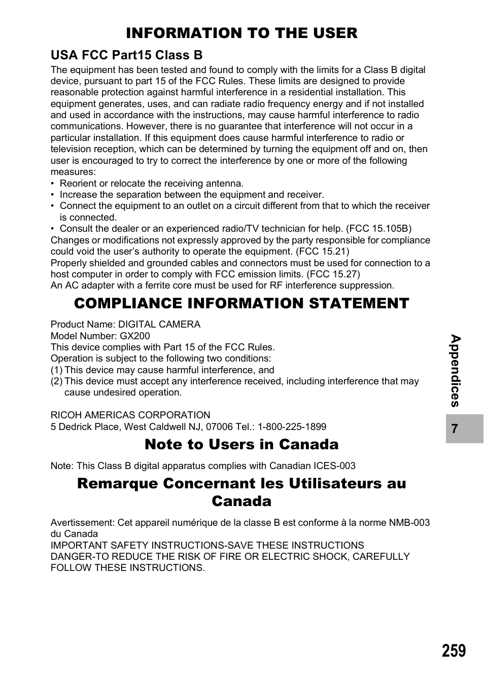 Information to the user, Compliance information statement, Remarque concernant les utilisateurs au canada | Ricoh GX200 User Manual | Page 261 / 266