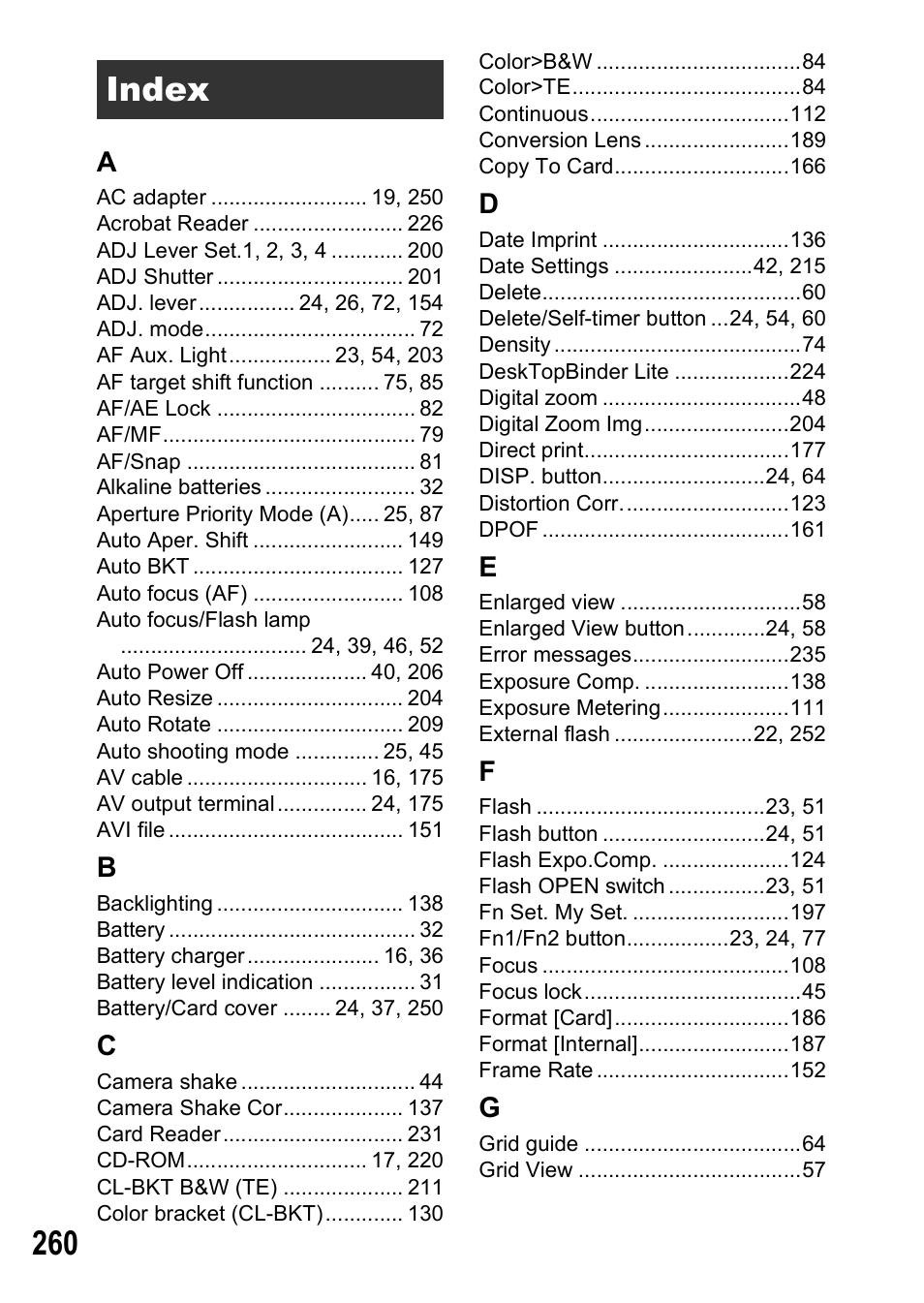 Index | Ricoh GX200 User Manual | Page 262 / 266