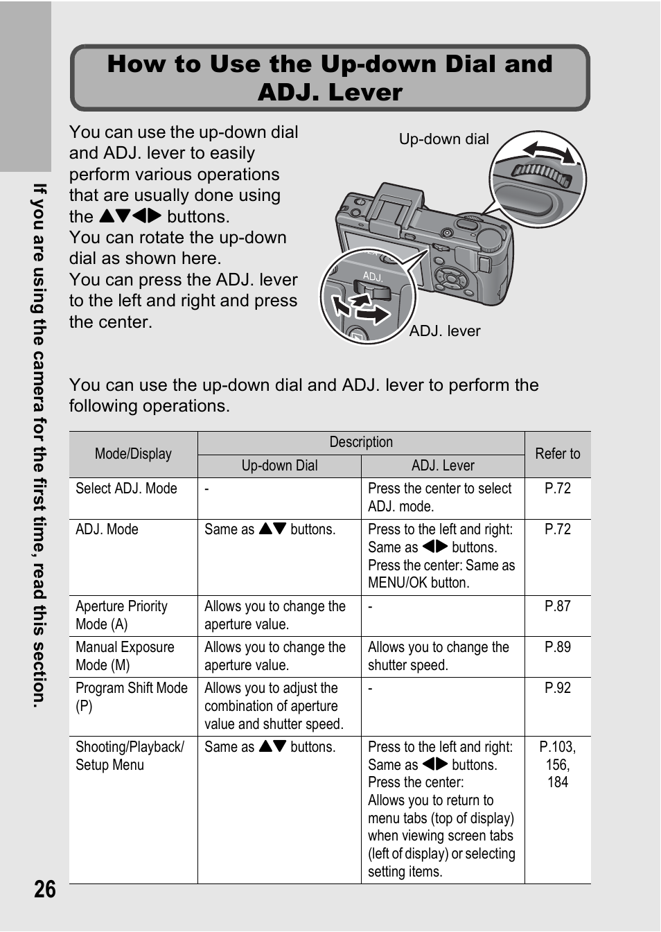 How to use the up-down dial and adj. lever | Ricoh GX200 User Manual | Page 28 / 266