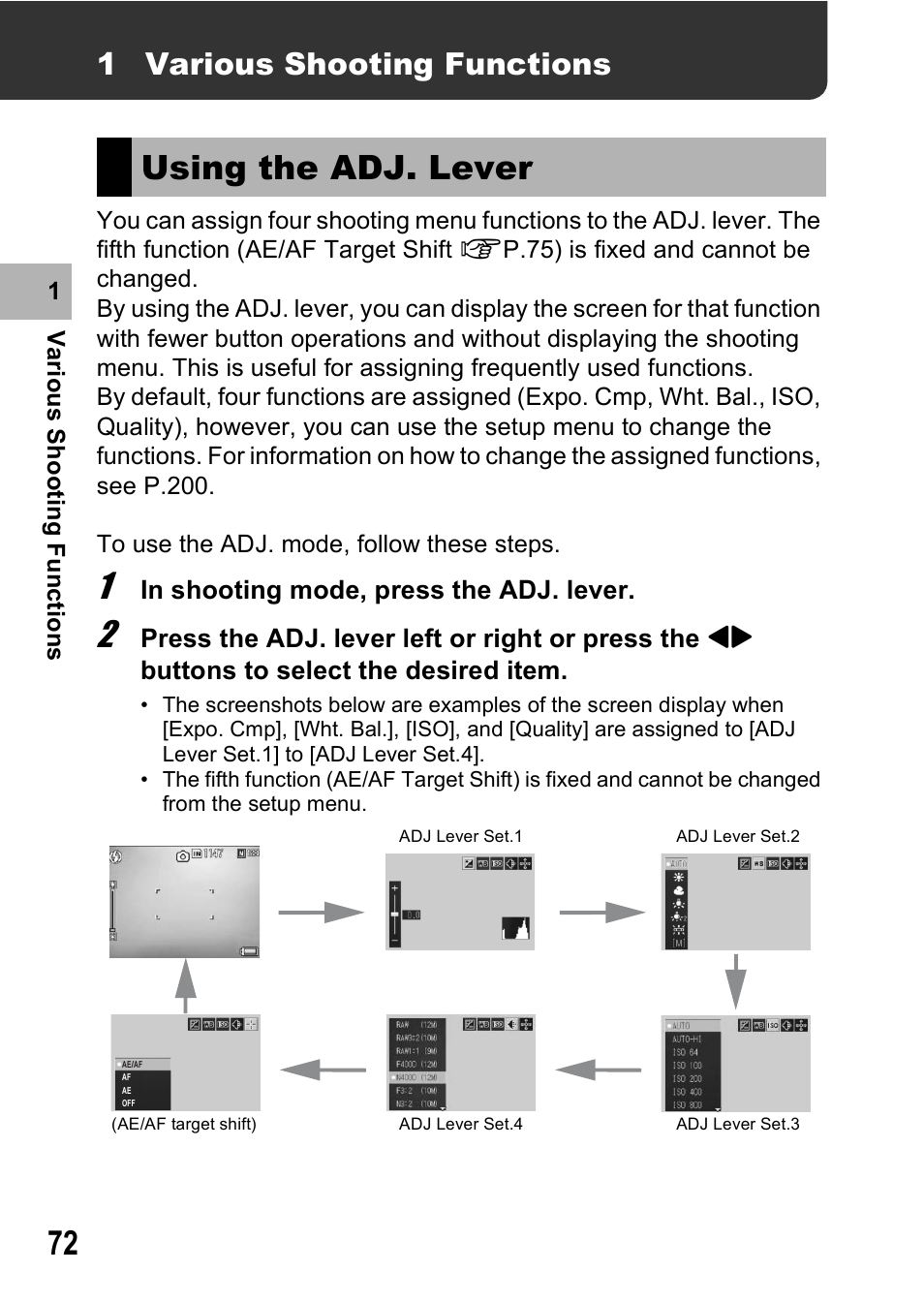 Using the adj. lever, 1 various shooting functions | Ricoh GX200 User Manual | Page 74 / 266
