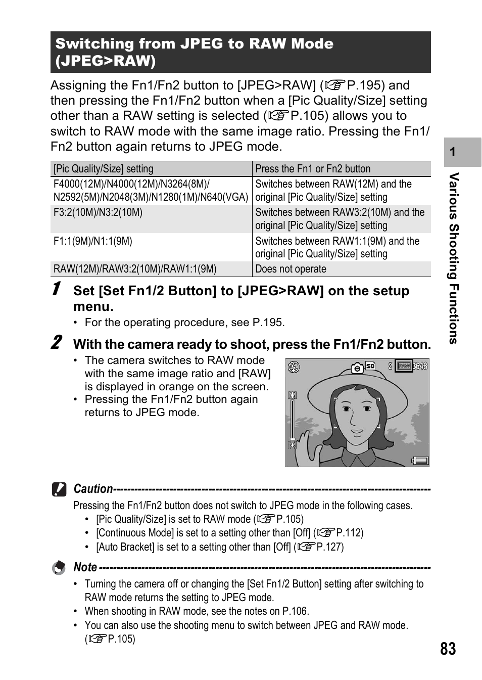 Switching from jpeg to raw mode (jpeg>raw) | Ricoh GX200 User Manual | Page 85 / 266