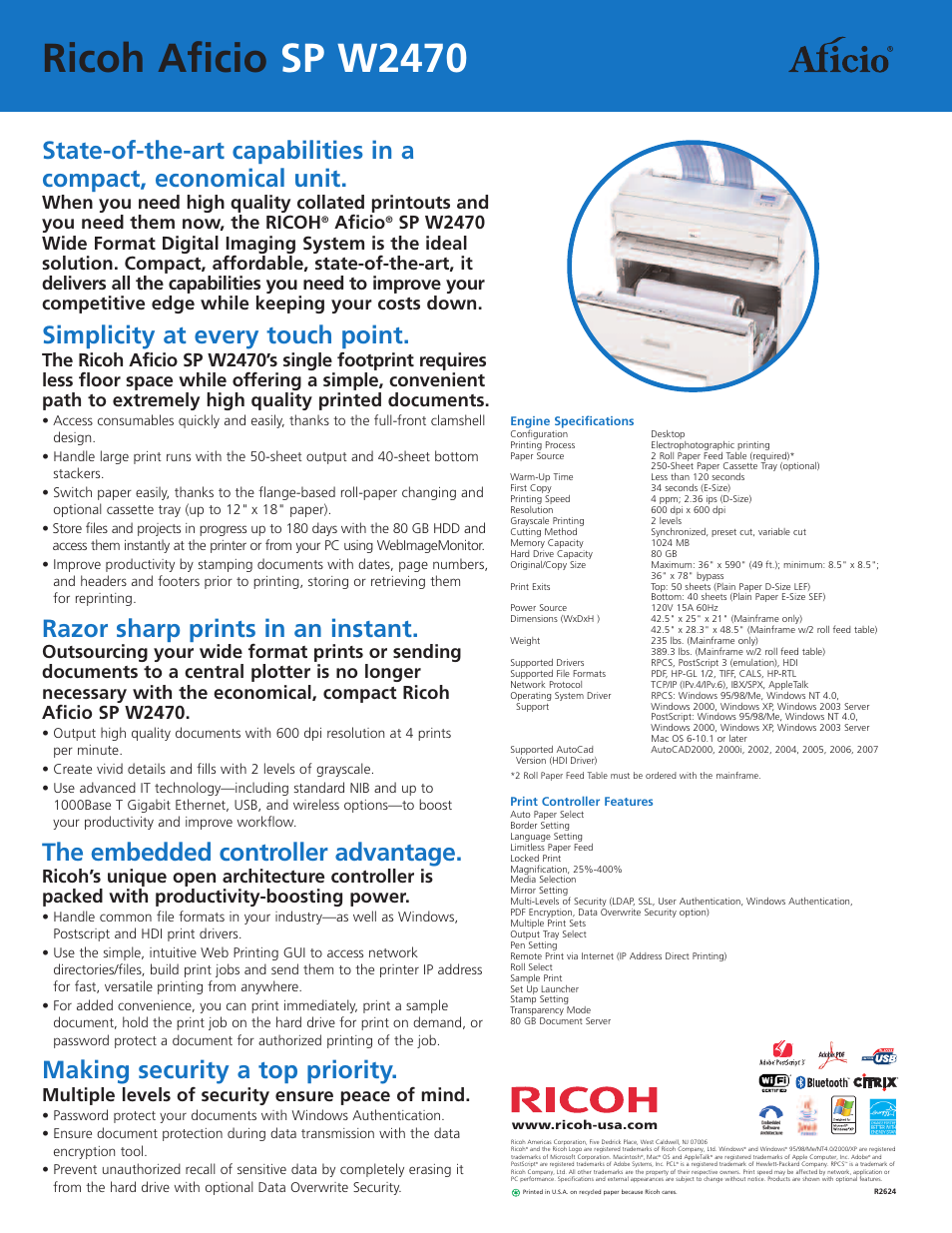 Ricoh aficio sp w2470, Simplicity at every touch point, Razor sharp prints in an instant | The embedded controller advantage, Making security a top priority, Aficio, Multiple levels of security ensure peace of mind | Ricoh Aficio SP W2470 User Manual | Page 2 / 2