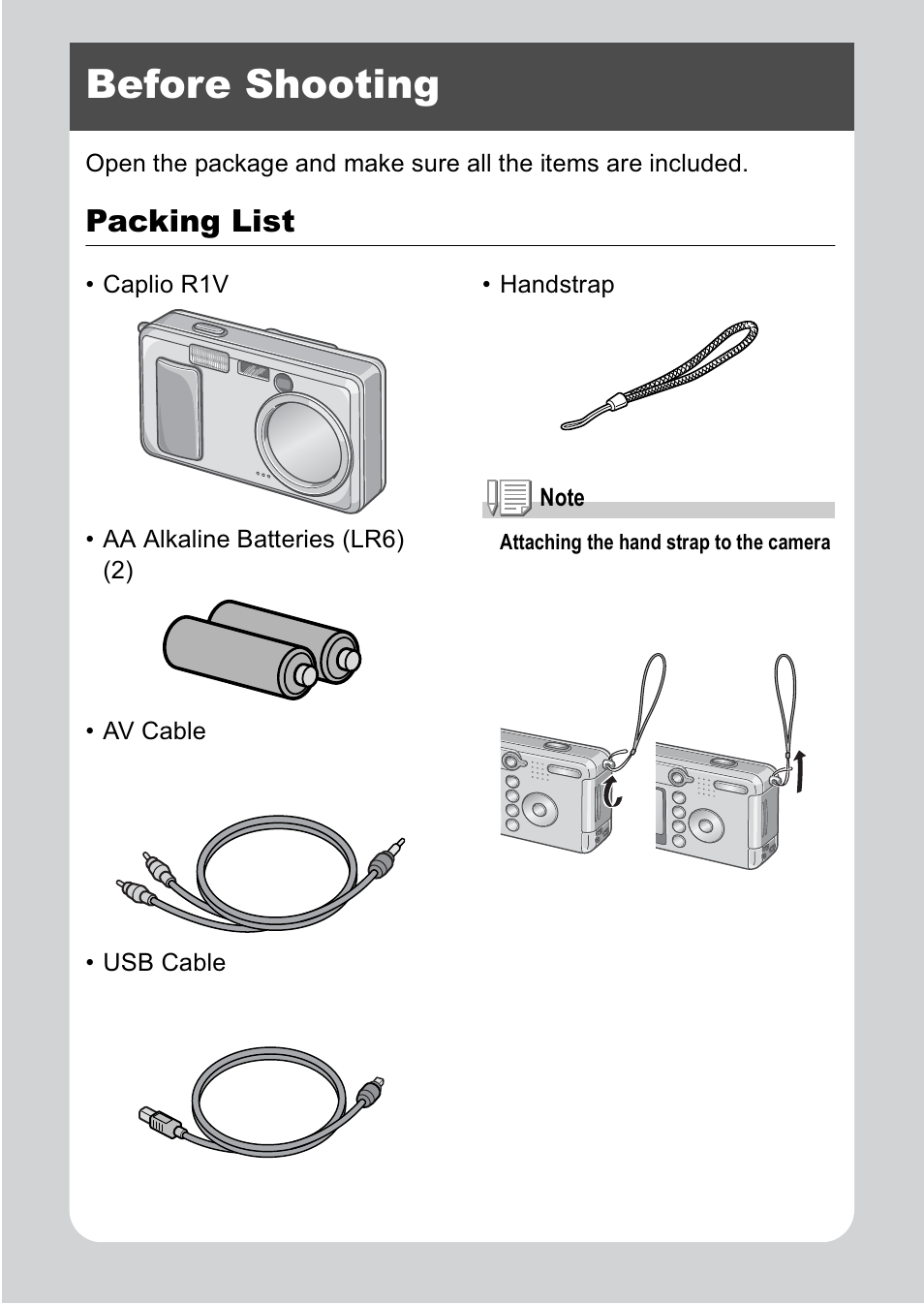 Before shooting, Packing list | Ricoh R1v User Manual | Page 11 / 156