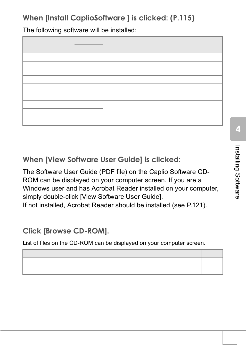 When [install capliosoftware ] is clicked: (p.115), When [view software user guide] is clicked, Click [browse cd-rom | The following software will be installed | Ricoh R1v User Manual | Page 114 / 156