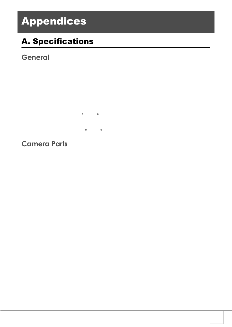 Appendices, A. specifications, General camera parts | Ricoh R1v User Manual | Page 138 / 156