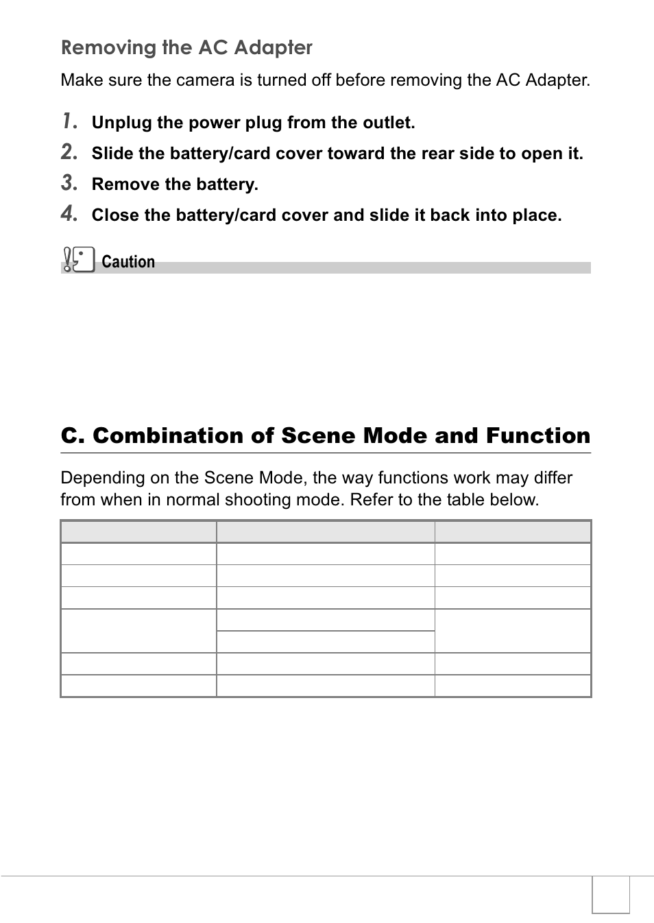 C. combination of scene mode and function, Removing the ac adapter | Ricoh R1v User Manual | Page 142 / 156