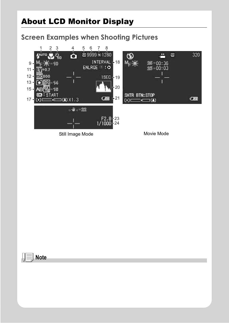 About lcd monitor display, Screen examples when shooting pictures | Ricoh R1v User Manual | Page 15 / 156