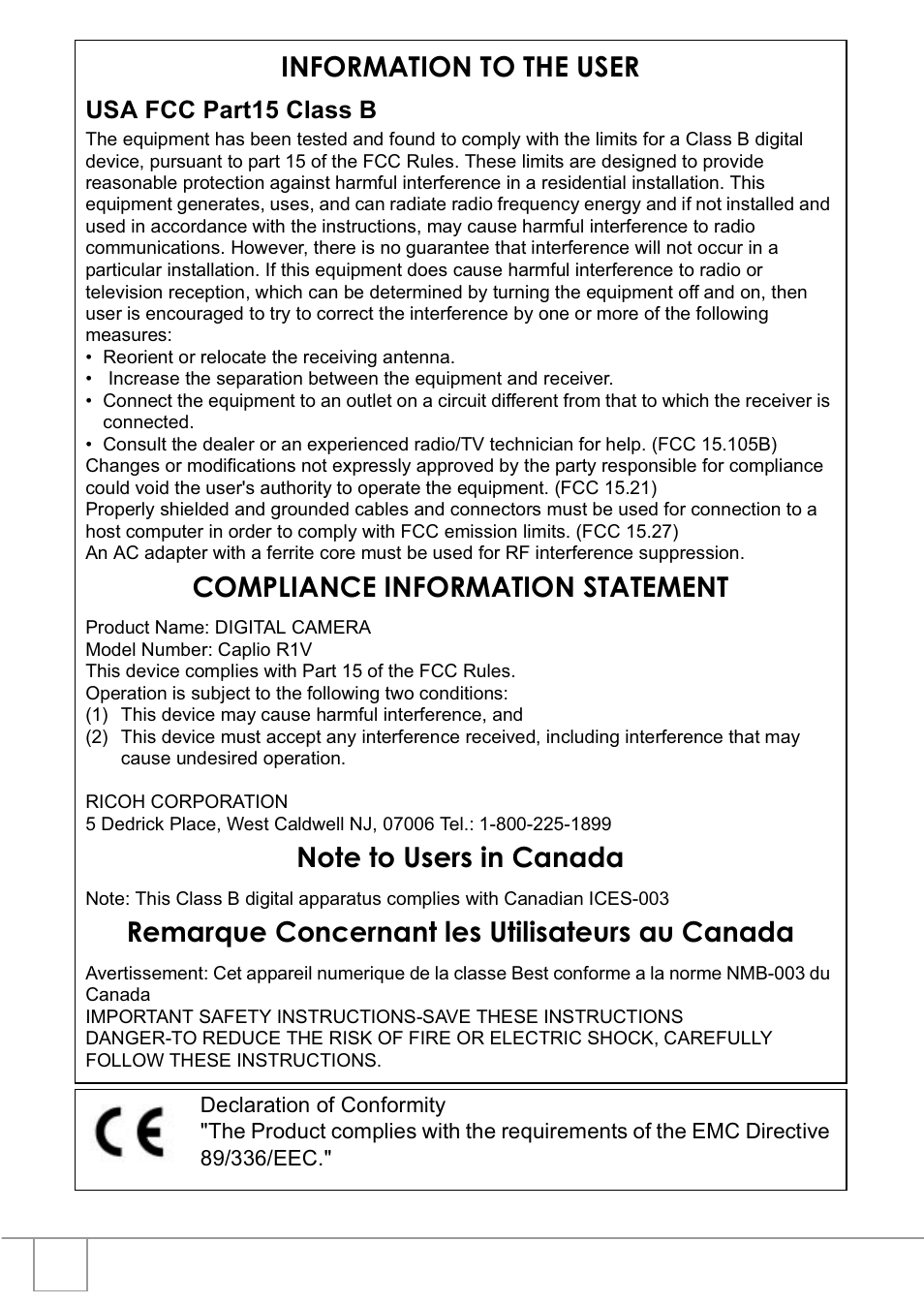 Information to the user, Compliance information statement, Remarque concernant les utilisateurs au canada | Ricoh R1v User Manual | Page 151 / 156