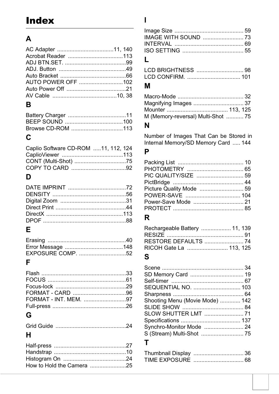 Index | Ricoh R1v User Manual | Page 152 / 156