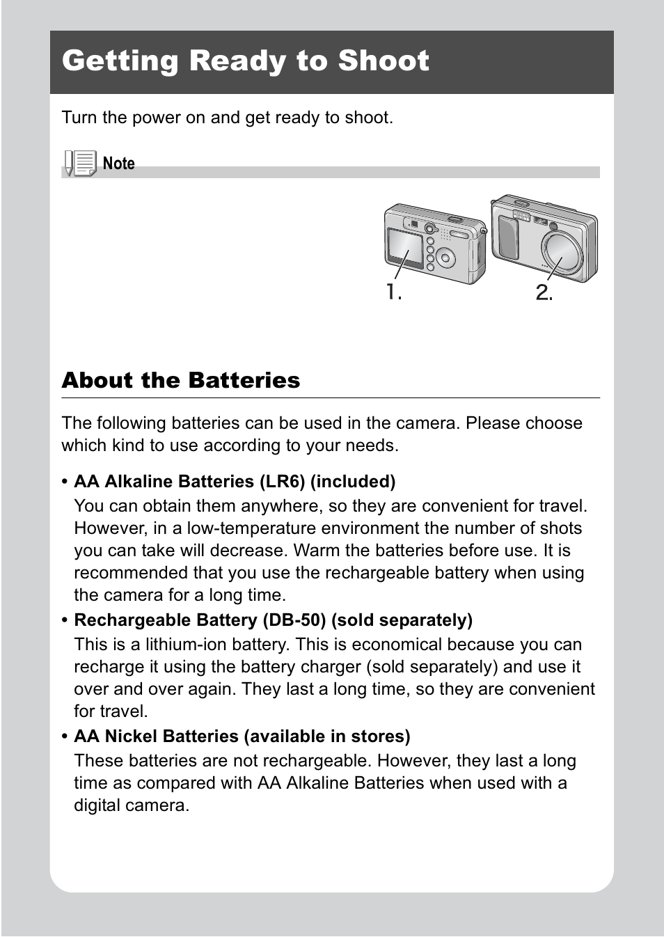 Getting ready to shoot, About the batteries | Ricoh R1v User Manual | Page 17 / 156