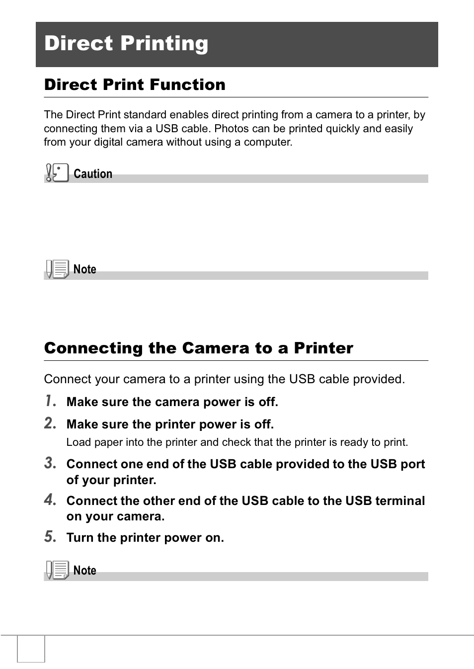 Direct printing, Direct print function, Connecting the camera to a printer | Ricoh R1v User Manual | Page 45 / 156